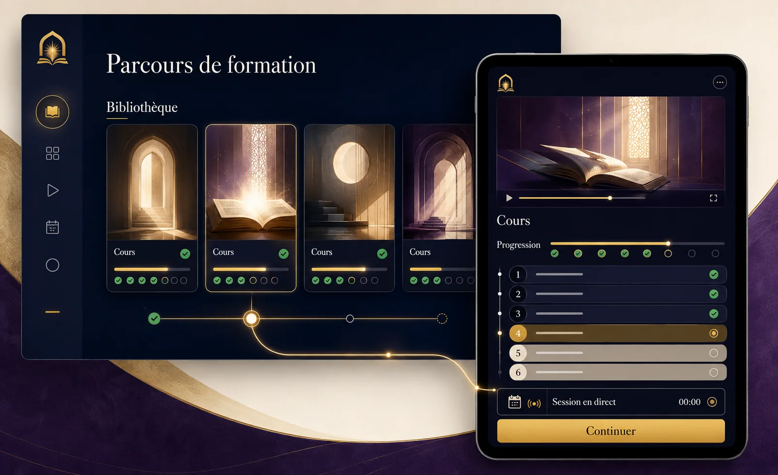 Christian learning platform dashboards displayed on desktop and tablet.