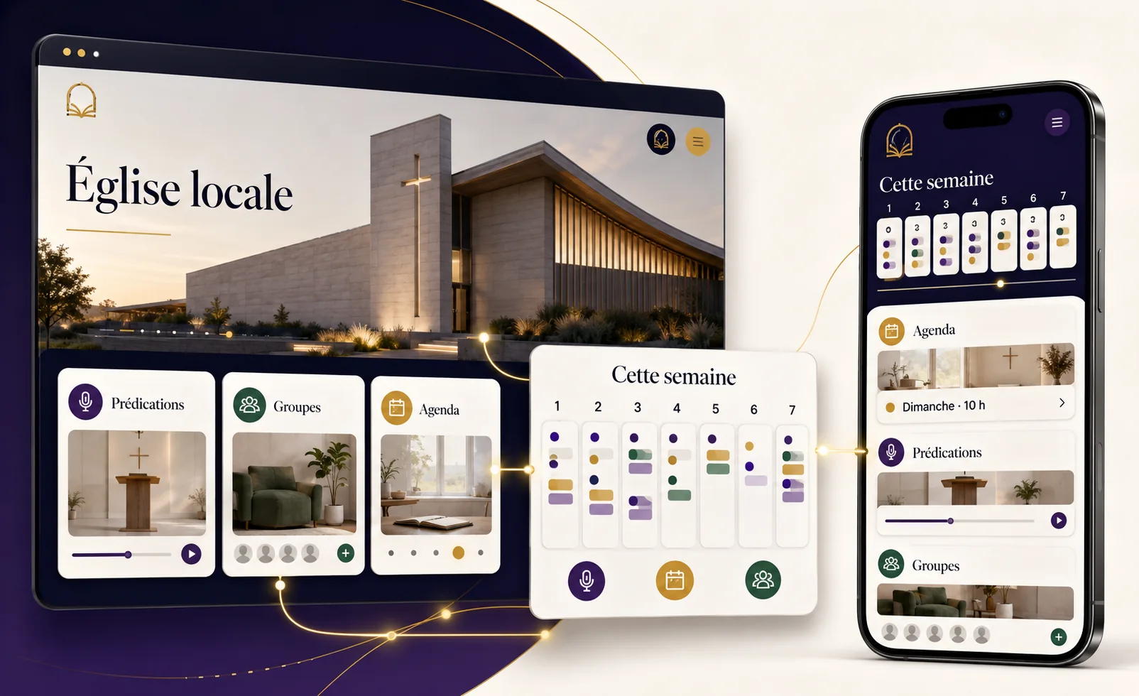 Preview of a local church website, mobile app, and shared calendar.